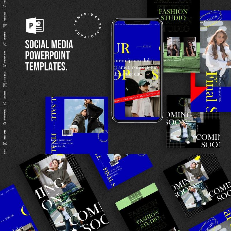 深蓝色手机竖版社交媒体杂志PPT版式模板不含照片Social Media PowerPoint Template