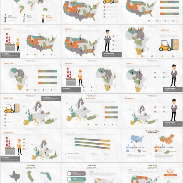 世界地图PPT模板数据信息可视化分析元素插画素材World Map Presentation