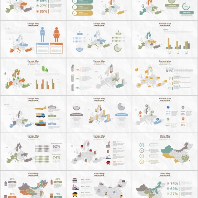 世界地图PPT模板数据信息可视化分析元素插画素材World Map Presentation