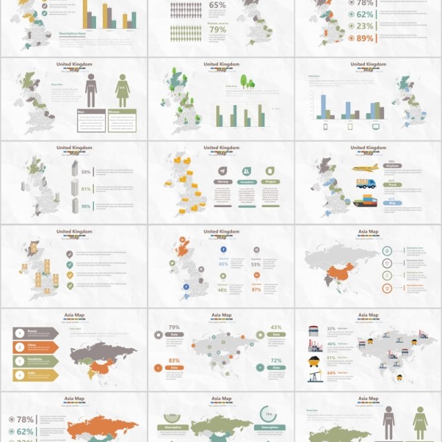 世界地图PPT模板数据信息可视化分析元素插画素材World Map Presentation