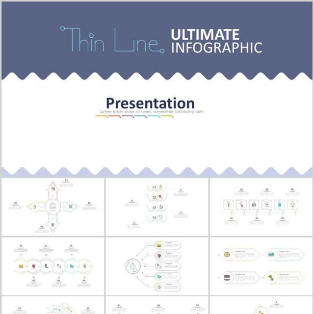 细线循环箭头流程关系图周期时间线用户头像图标PSD素材信息图表PPT元素Ultimate Thin Line Powerpoint Infographic
