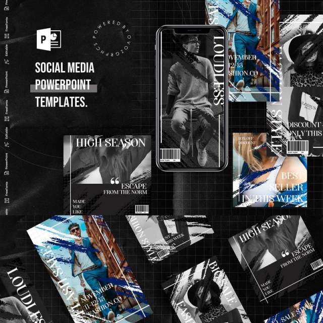 深色手机移动端社交媒体杂志PPT版式模板不含照片Social Media PowerPoint Template