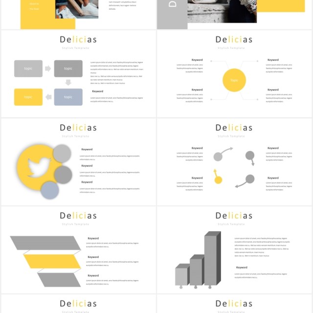 时尚黄色图片排版国外PPT模板Delicias Powerpoint Template