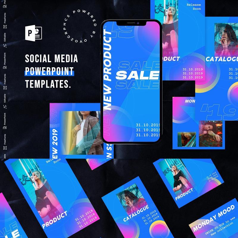 蓝色炫彩手机竖版社交媒体杂志PPT版式模板Social Media PowerPoint Template