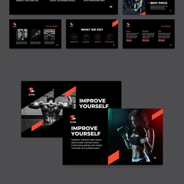 黑色健身房宣传介绍PPT模板不含照片Gym PowerPoint Presentation Template