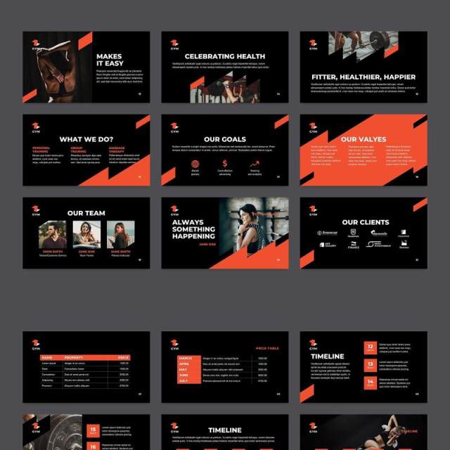 黑色健身房宣传介绍PPT模板不含照片Gym PowerPoint Presentation Template