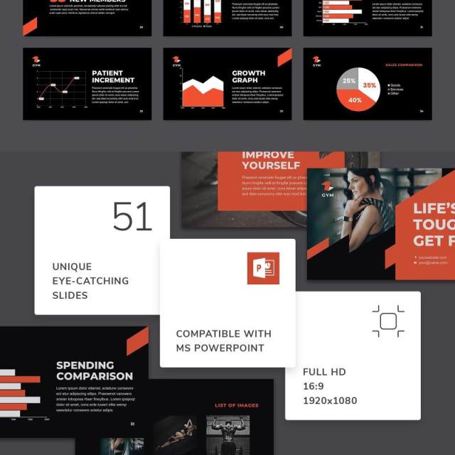 黑色健身房宣传介绍PPT模板不含照片Gym PowerPoint Presentation Template