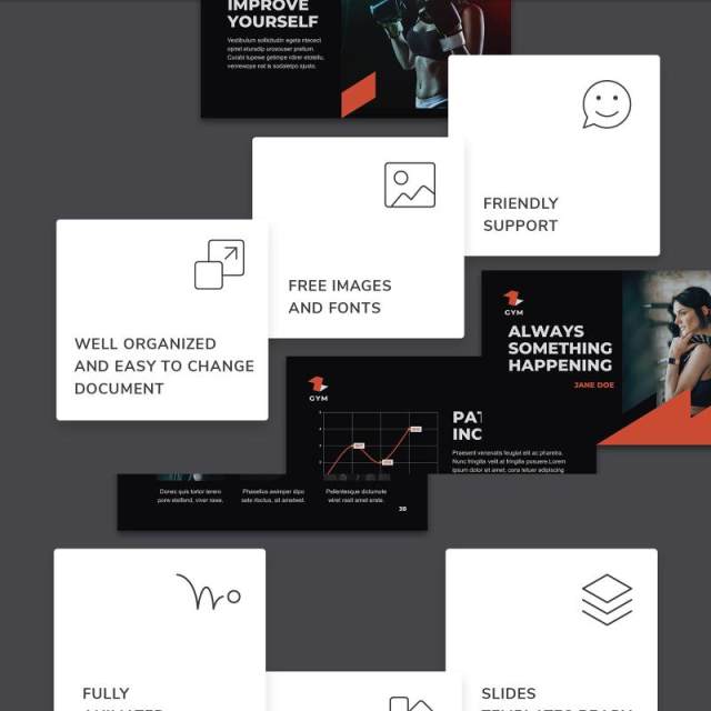 黑色健身房宣传介绍PPT模板不含照片Gym PowerPoint Presentation Template