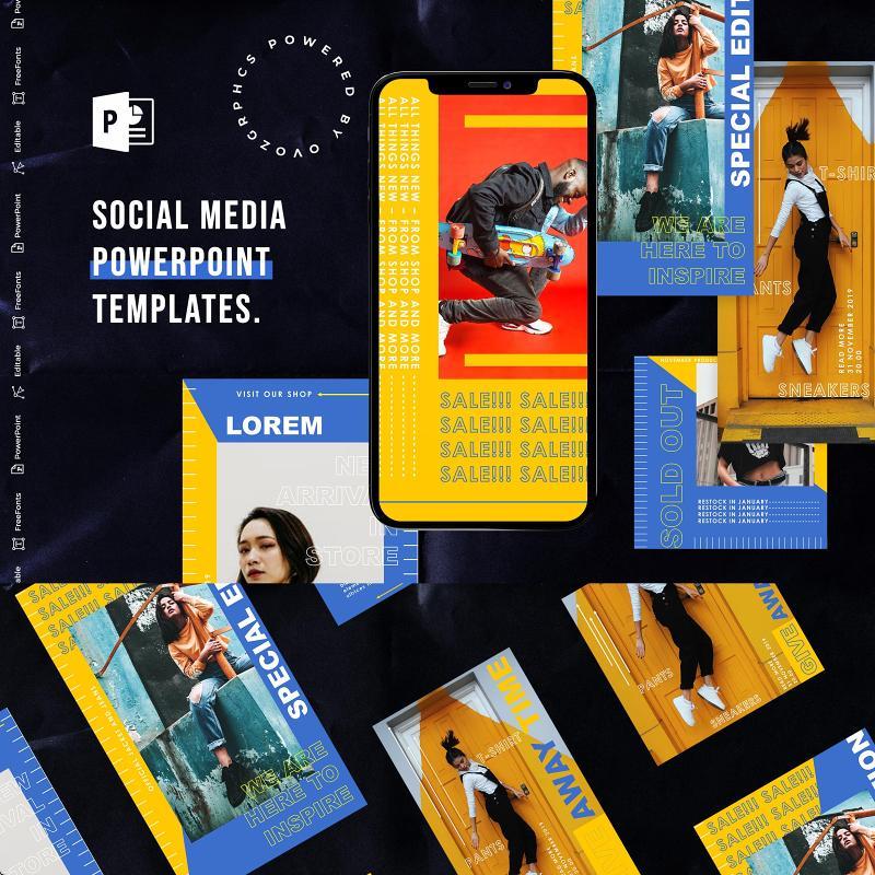 蓝黄色手机竖版社交媒体杂志PPT版式模板Social Media PowerPoint Template