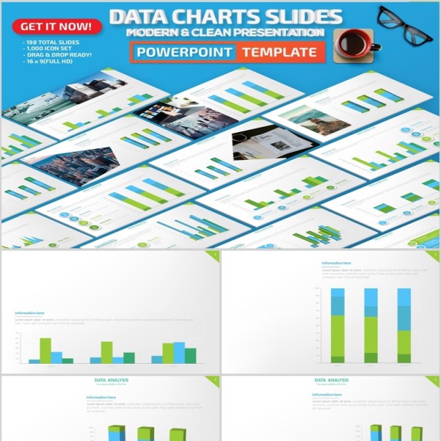 绿色数据柱状图PPT信息图表素材Data Charts Powerpoint Presentation