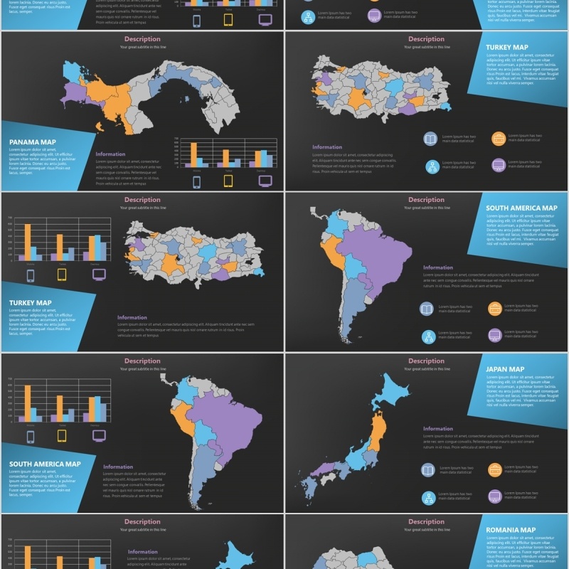 深色系世界地图PPT素材含多国家地图元素演示Maps Design