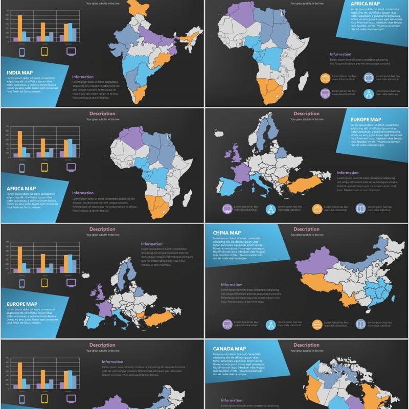 深色系世界地图PPT素材含多国家地图元素演示Maps Design