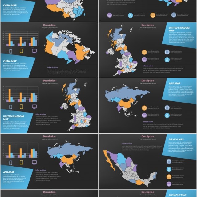 深色系世界地图PPT素材含多国家地图元素演示Maps Design