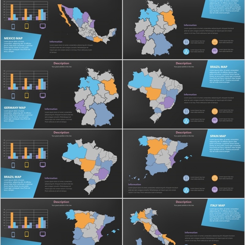 深色系世界地图PPT素材含多国家地图元素演示Maps Design