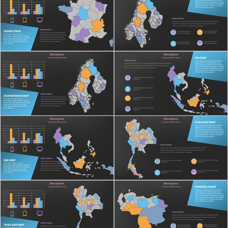 深色系世界地图PPT素材含多国家地图元素演示Maps Design