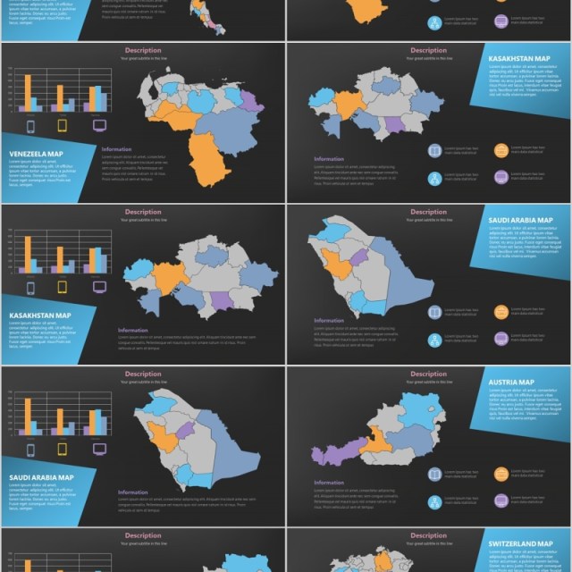 深色系世界地图PPT素材含多国家地图元素演示Maps Design