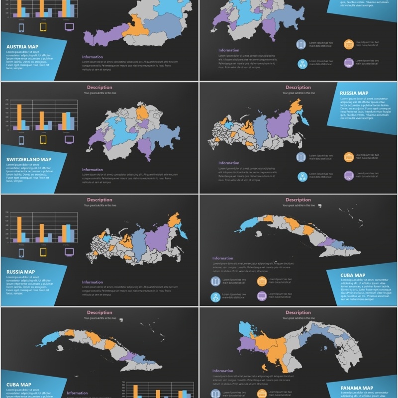 深色系世界地图PPT素材含多国家地图元素演示Maps Design