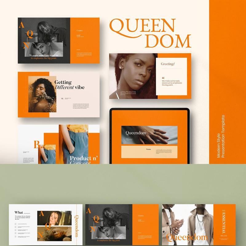 橙色女士时装周产品设计展示介绍PPT模板不含照片QUEENDOM Lookbook Design Powerpoint