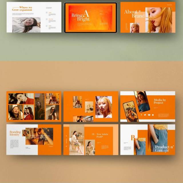 橙色女士时装周产品设计展示介绍PPT模板不含照片QUEENDOM Lookbook Design Powerpoint