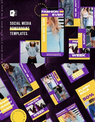紫黄双色手机竖版社交媒体杂志PPT版式模板不含照片Social Media PowerPoint Template