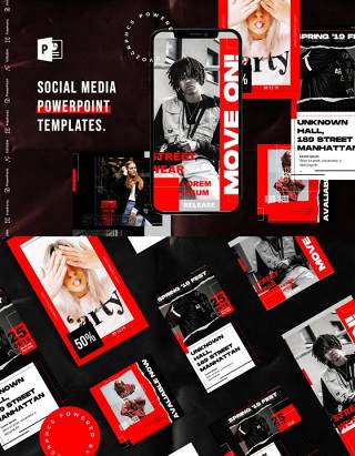 简约红色手机竖版社交媒体杂志PPT版式模板不含照片Social Media PowerPoint Template
