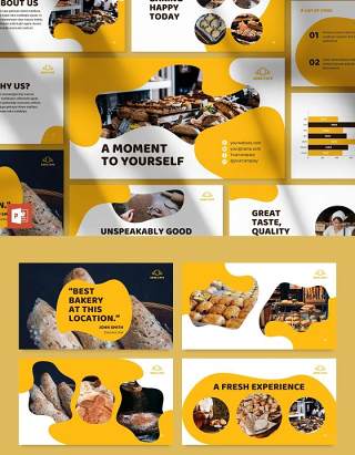 黄色烘焙咖啡厅面包店商业宣传介绍PPT模板不含照片Bakery Cafe PowerPoint Presentation Template