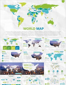 绿色系世界地图PPT演示元素含多个国家素材Map Presentation