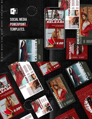 深红色手机竖版社交媒体杂志PPT版式模板不含照片Social Media PowerPoint Template