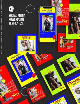 红黄绿色手机竖版社交媒体杂志PPT版式模板Social Media PowerPoint Template