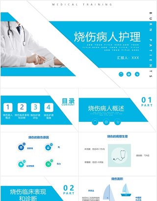 蓝色简约医疗医院烧伤病人护理培训PPT模板