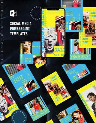 蓝黄色浅色手机竖版社交媒体杂志PPT版式模板Social Media PowerPoint Template
