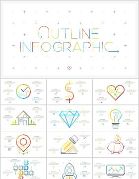 创意彩色线性图形图标大纲目录字母数字PSD素材信息图表PPT元素Outline Powerpoint Presentation