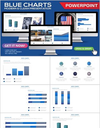 蓝色立体柱状图PPT信息图表可插图片Blue Charts Powerpoint Template