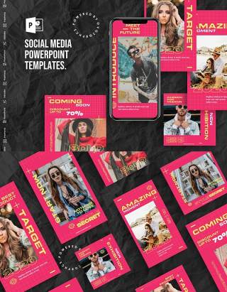 粉色手机竖版社交媒体杂志PPT版式模板Social Media PowerPoint Template
