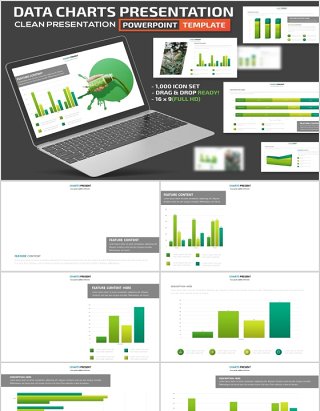 绿色柱状图可插图片PPT信息图表模板Green Charts Powerpoint Presentation