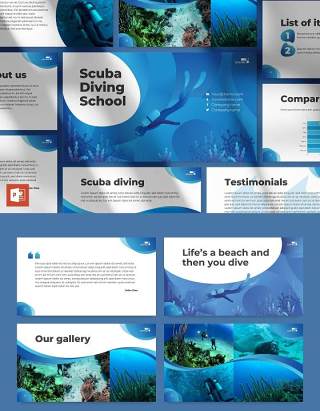 潜水培训学校宣传介绍PPT模板不含照片Diving School PowerPoint Presentation Template