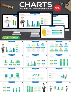 蓝绿色柱状图条形信息图表PPT幻灯片演示Chart Powerpoint Presentation