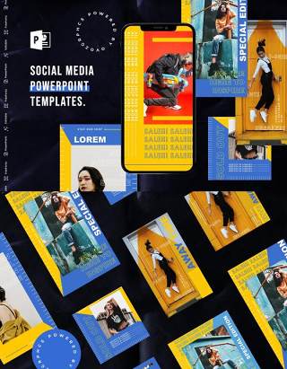 蓝黄色手机竖版社交媒体杂志PPT版式模板Social Media PowerPoint Template