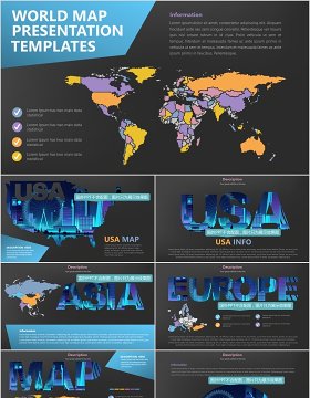 深色系世界地图PPT素材含多国家地图元素演示Maps Design