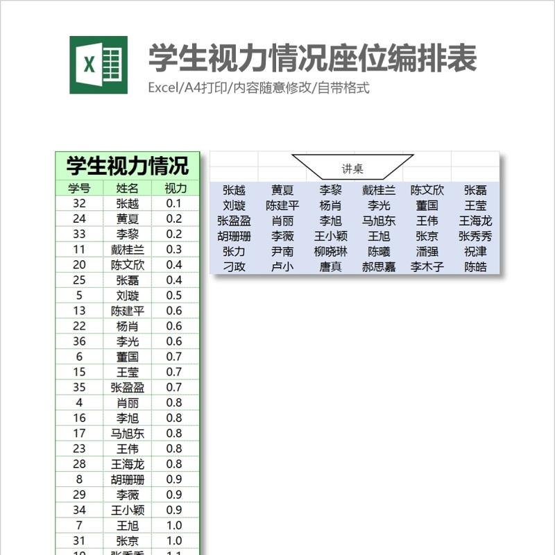 按学生实力情况座位编排表EXCEL表格模板