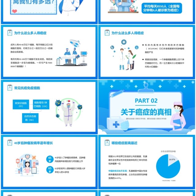 蓝色卡通世界抗癌日介绍PPT动态模板