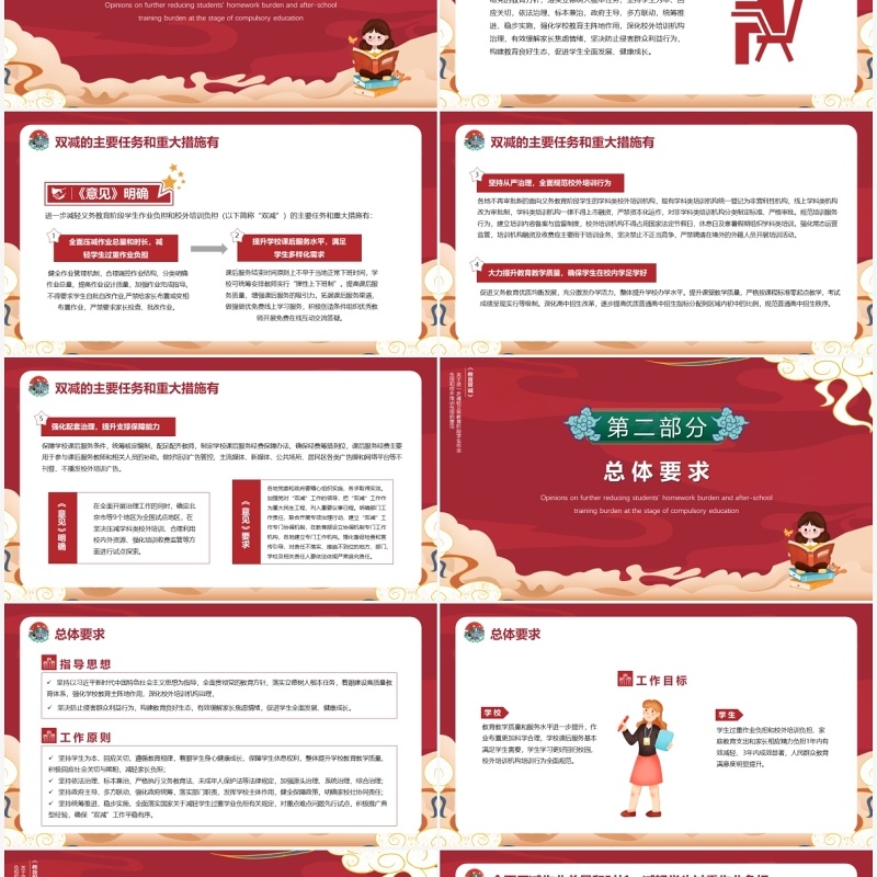 红色国潮风解读教育双减意见PPT模版