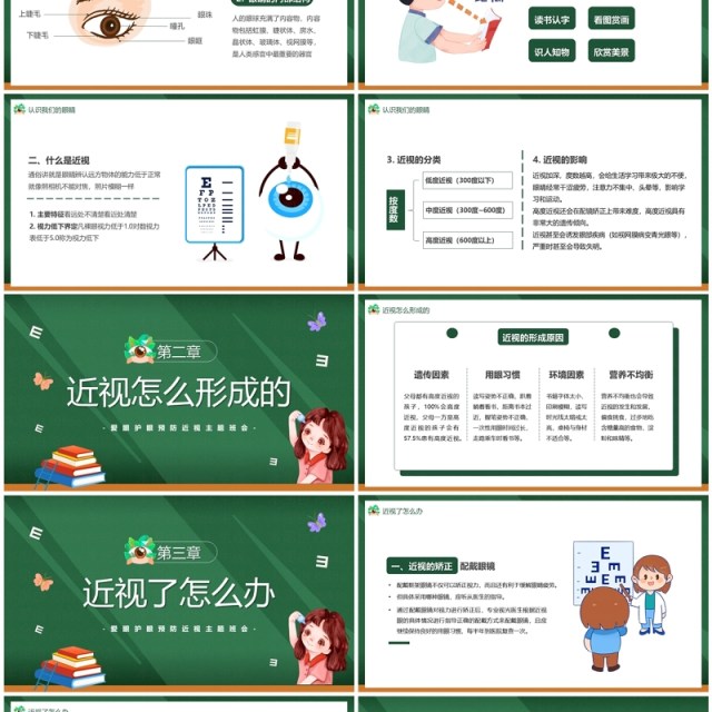 绿色卡通风爱护眼睛保护视力主题班会PPT模板
