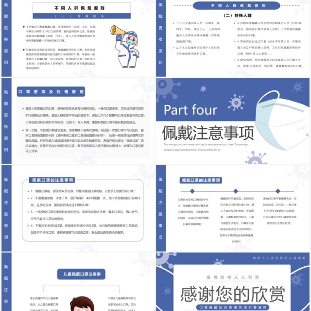 蓝色简约口罩佩戴知识介绍PPT模板 蓝色简约口罩佩戴知识介绍PPT模板