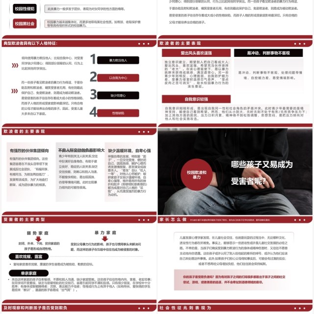 红色简约如何应对校园欺凌和暴力PPT模板