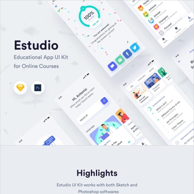 ESTUDIO在线课程教育移动应用UI套件，ESTUDIO移动应用UI套件 Estudio Mobile App UI Kit