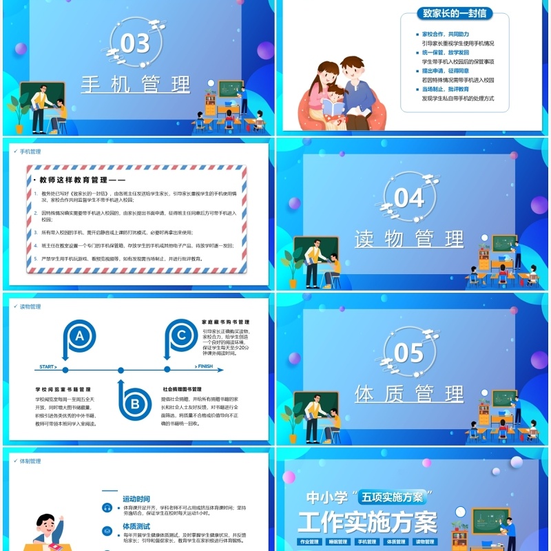 蓝色卡通中小学作业睡眠手机读物体质五项管理实施方案PPT模板