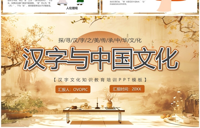 黄色古典中国风汉字与中国文化PPT模板