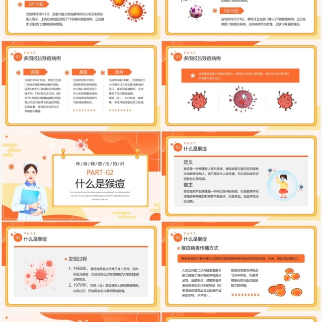 橙色卡通风猴痘病毒知识科普PPT模板