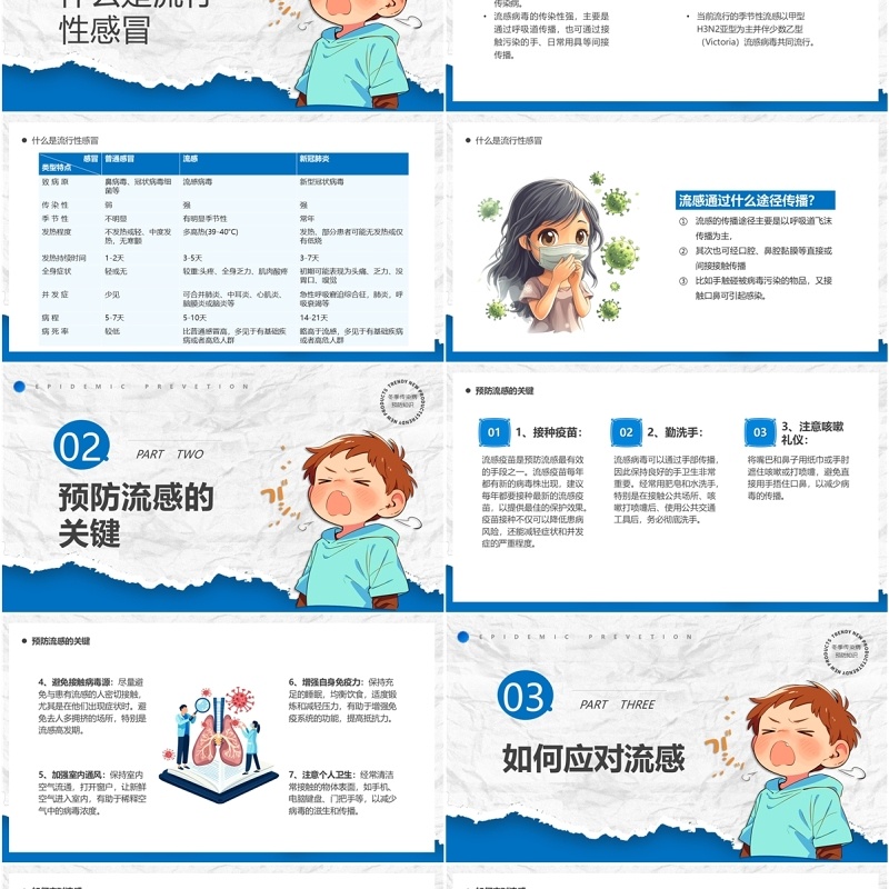 蓝色卡通风冬季防流感医疗知识PPT模版